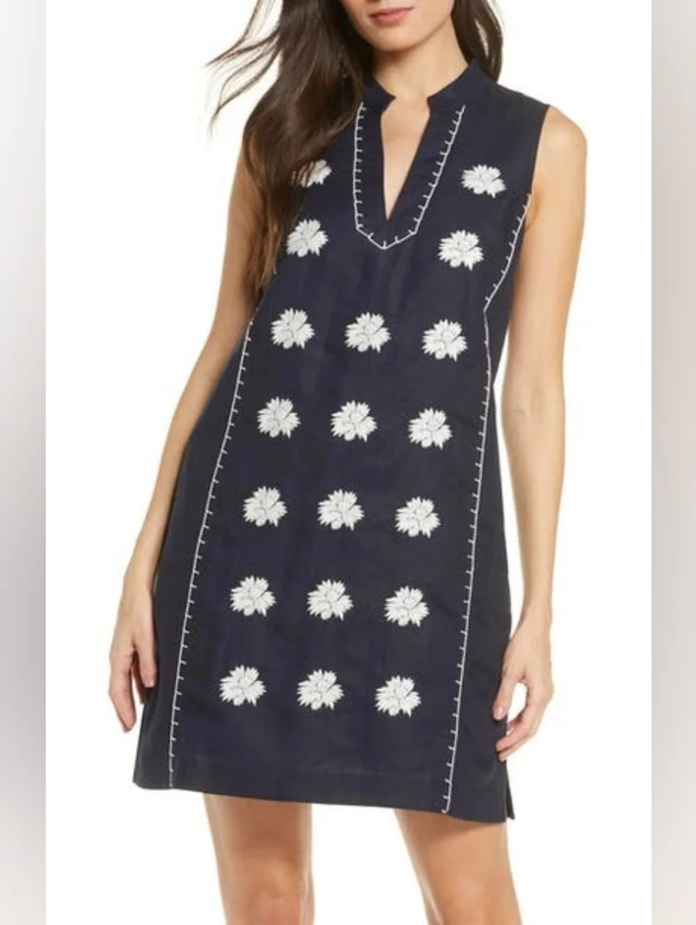 Tory Burch Embroidered Navy Sleeveless Pocket Beach Dress Sz Small